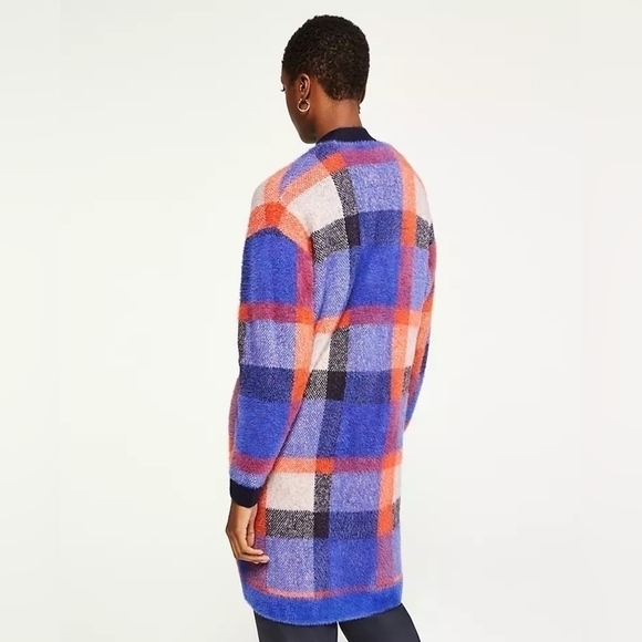 Ann Taylor Blue Orange Plaid Longline Button-Up Oversized Boyfriend Cardigan - Picture 5 of 13